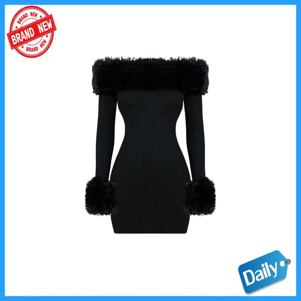 Bodycon Mini Dress Off Shoulder Long Sleeve Faux Fur Party Dress